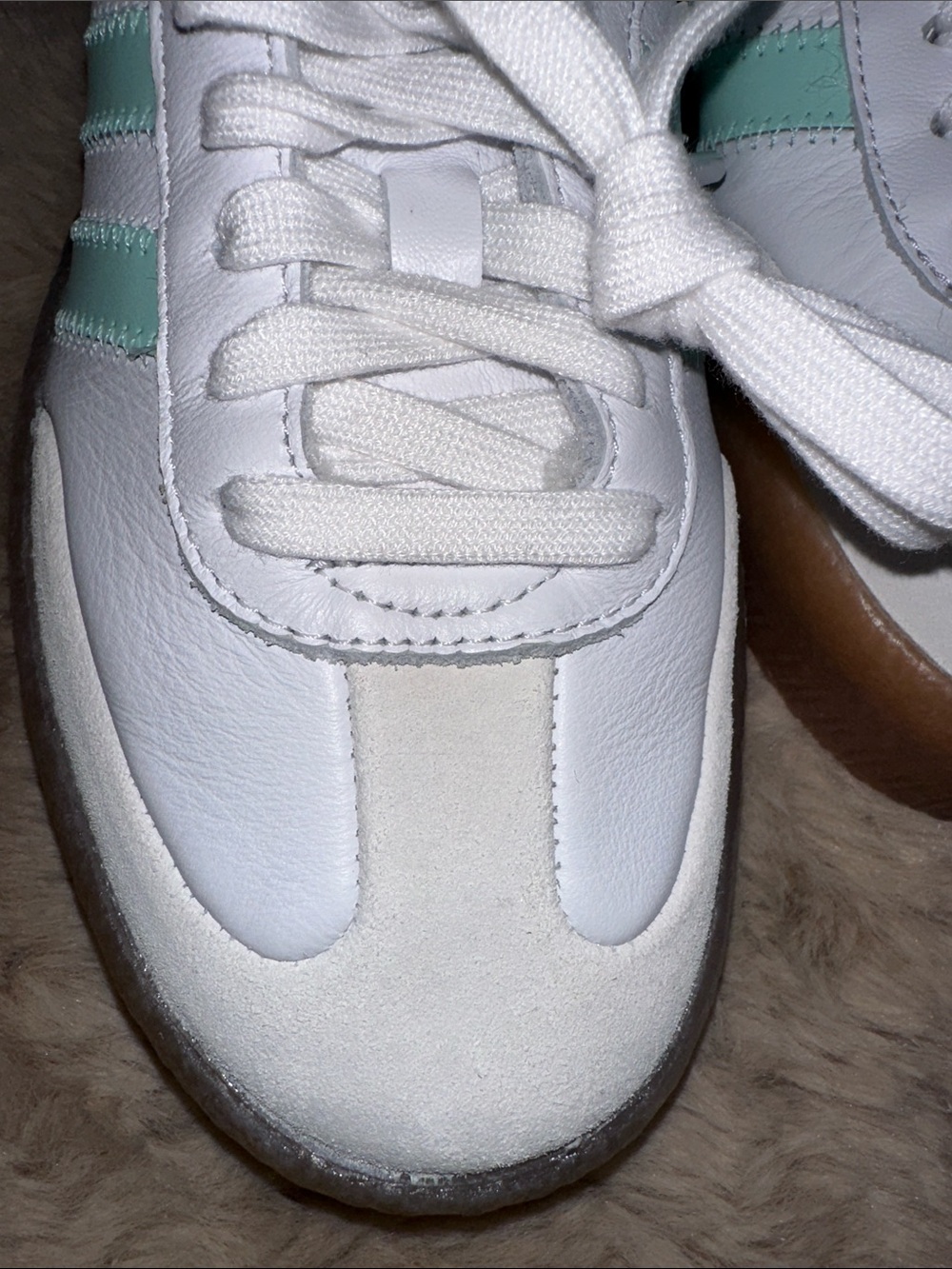 adidas White Sneakers with Mint Green Stripes and Gum Sole - Picture 2 of 14
